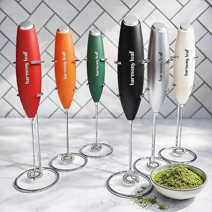 Harmony Leaf Handheld Milk Frother, Stainless Steel Electric Drink Mixer with Stand, Battery Operated Coffee Frother for Lattes, Matcha, Hot Chocolate and More, Black
