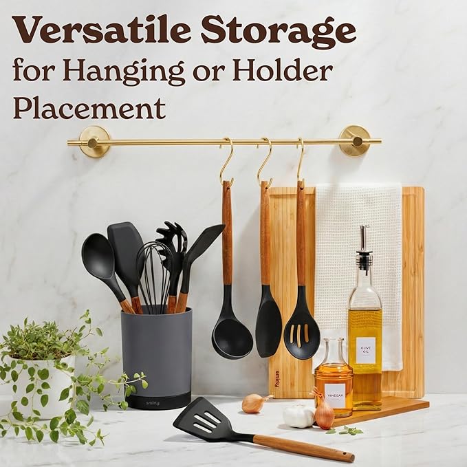 SMIRLY Kitchen Utensils Set – 22-Piece Silicone Cooking Utensils Set, Spatula Set with Holder, Wooden Handle Silicone Kitchen Gadgets for Nonstick Cookware