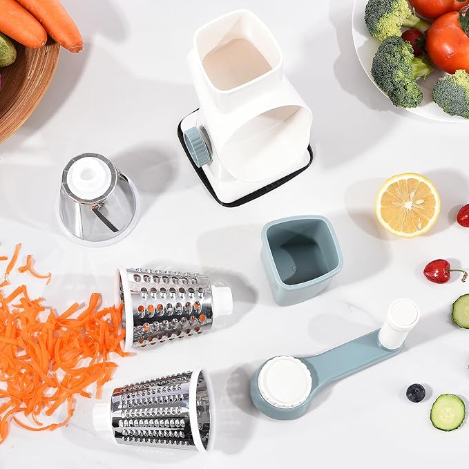 Rotary Cheese Grater with Handle Kitchen Shredder Slicer Grater Slicer Ice Shaver Cheese Vegetable Nuts Potato Zucchini Chocolate 3 Interchangeable Blades (WhiteBlue)