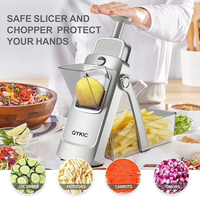 QYKIC 2026 Upgrade Safe Mandoline Slicer,Vegetable Chopper,Potato Slicer, Onion Chopper with Drain Basket Storage Container, Cheese Grater Kitchen Chopping Artifact (SliverGray)