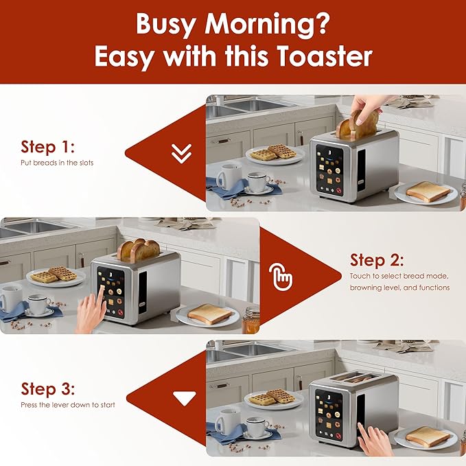 WHALL Touch Screen Toaster 2 Slice, 1.5'' Extra Wide Slot Smart Toaster with Digital Timer, 6 Bread Types & 6 Shade Settings, Crumb Tray, Reheat/Defrost, Stainless Steel Bread Toasters, Silver