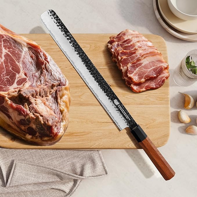 FINDKING Brisket Slicing Knife 12 Inch, Carving Knife for Meat, BBQ, Roasts, Turkey and Ham, High Carbon Steel Blade, African Rosewood Octagonal Handle, Dynasty Series