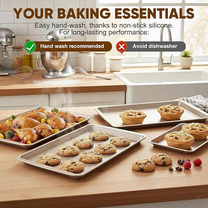 Sakerplus Nonstick Baking Sheet Pan Set of 3, Heavy Duty Cookie Sheets for Oven with Stripe Texture Pattern, 0.6mm Thick Quarter/Half/Jelly Roll Pans, Rust-Resistant & Easy Clean (Champagne Gold)