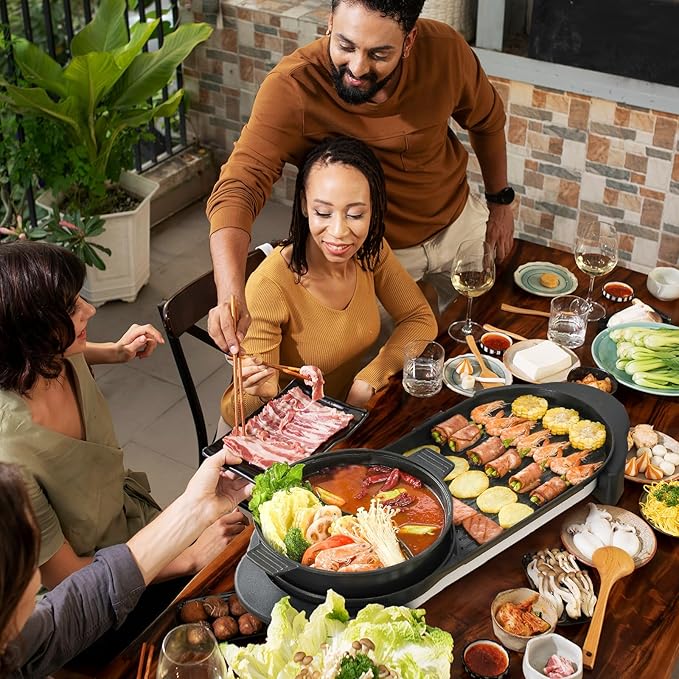 2 in 1 Electric Smokeless Hot Pot with Grill, 2200W Removable Hotpot Pot, Korean BBQ and Shabu Indoor Combo,Non-Stick Skillet Pan, Dual Adjustable Temperature, 1-6 People