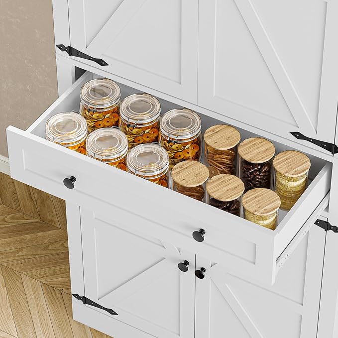Pantry Organizers and Storage Cabinet, 70” Barn Door White Kitchen Cabinet with Drawers and Adjustable Shelf, Tall Pantry for Kitchen, Dining Room, Living Room Bedroom