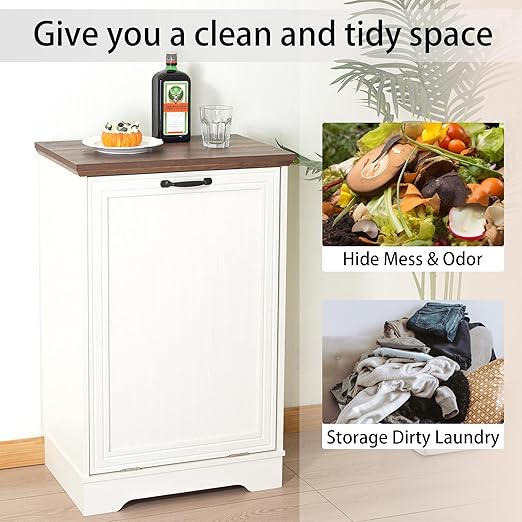 13 Gallons Tilt Out Trash Cabinet, Hidden Trash Can Cabinet Wooden Tilt Out Pet Proof Hidden Trash Bin Cabinet for Kitchen Living Room (White)