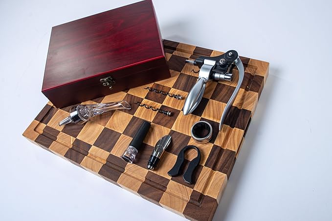 Wine Bottle Opener Set with Accessories Matte Silver in Wood Box, Aerator, Extra Screws, Foil Cutter, Pourer, Vaccu Stopper, Winged Wine Opener, Rabbit Red Wine Corkscrew Set (Matte Silver)