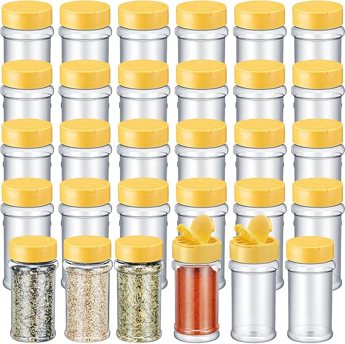Jadive 36 Pcs 5.5 oz Plastic Spice Jars with Shaker Lids Clear Spice Bottles Plastic Seasoning Containers Empty Shaker for Kitchen Storing Herbs Seasoning Powders Pepper Dry Goods (Yellow)