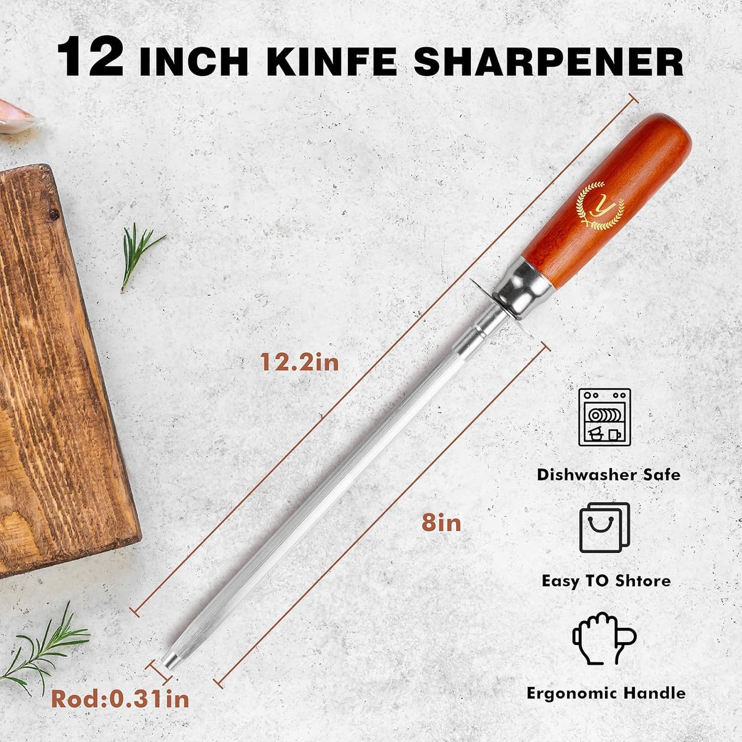 Knife Sharpener Rod, Kitchen Knives Sharpener Carbon Steel Professional Knife Sharpening Steel, Honing Rod with Hanging Holes (13 inches), Y