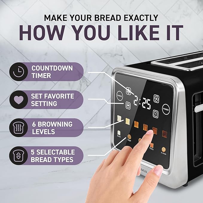 Inspirex Touch Screen Toaster - 4 Slice, 2 Extra Long Slots - 5 Bread Types and 6 Browning Levels - Defrost, Reheat, Favorite, & Single Slot Modes - For Toast, Bagels, & Waffles – Black
