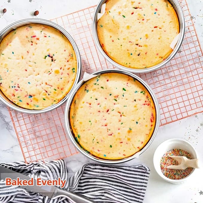 E-far 8 Inch Cake Pan Set of 4, Stainless Steel Round Layer Cake Baking Pans, Non-Toxic & Healthy, Mirror Finish & Dishwasher Safe