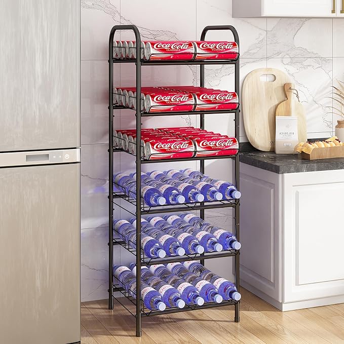 GILLAS 6 Tier Water Bottle Storage Rack, Free Standing Vertical Metal,Water Bottle Organizer, Large Capacity Bottled Rack Water Holder Stand for Cabinet Kitchen Party Pantry,Black