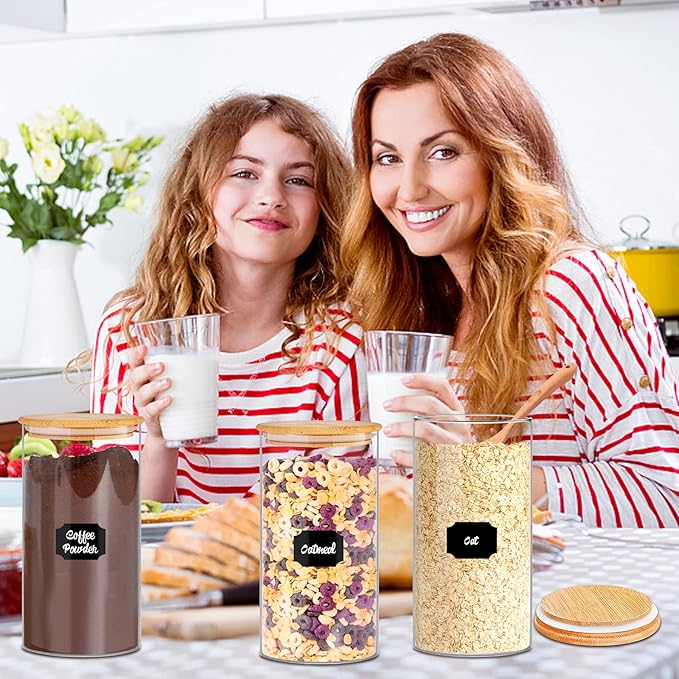 BGraceyy Glass Storage Jars 45 oz 4 Pcs Clear Glass Food Storage Containers with Airtight Bamboo Lid Stackable Kitchen Canisters for Candy, Cookie, Rice, Sugar, Flour, Pasta, Nuts
