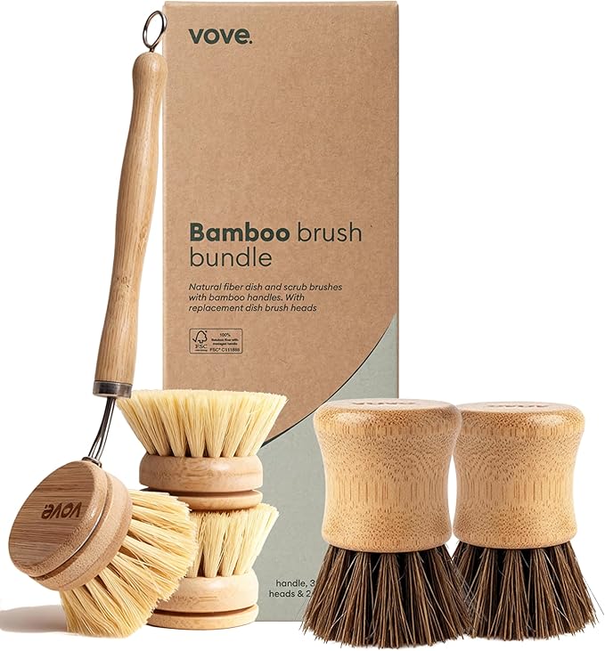 Vove Dish Brush Bundle - FSC-Certified Bamboo Dish Brush & Scrub Brush, 3 Replacement Heads - Natural Fiber Bristles - Non-Toxic, Plastic-Free Kitchen Set
