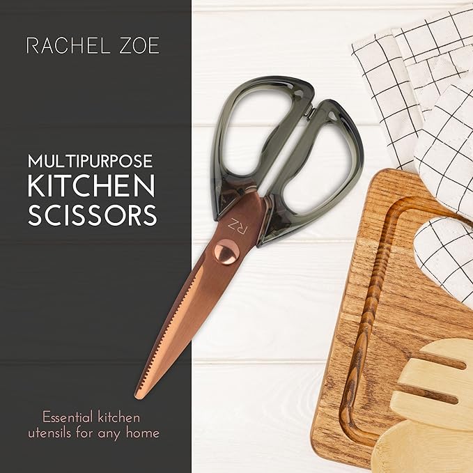 Rachel Zoe Multi-Purpose Kitchen Scissors, Stainless Steel Shears with Protective Sheath & Soft Handle Grips, Dishwasher Safe, Vegetables, Fruits & Meat Cutting Scissors, Essentials (Green/Copper)