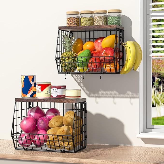 Wawocs Fruit Basket for Kitchen Counter, Fruit Bowl Stackable Wall Mounted Hanging Fruit Basket Wire Basket with Wood Lid with Banana Hanger Hooks, Onion,Potato,Fruit and Vegetable Storage