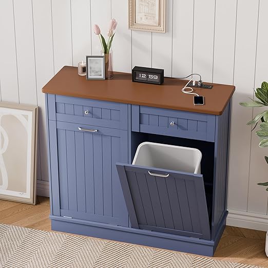 Betterhood Double Tilt Out Trash Cabinet with Power Outlet, 10 Gallon Trash Cabinet with Storage,Pet Proof Trash Can with 2 AC & USB Sockets for Kitchen,Living Room (Blue, Double Door)