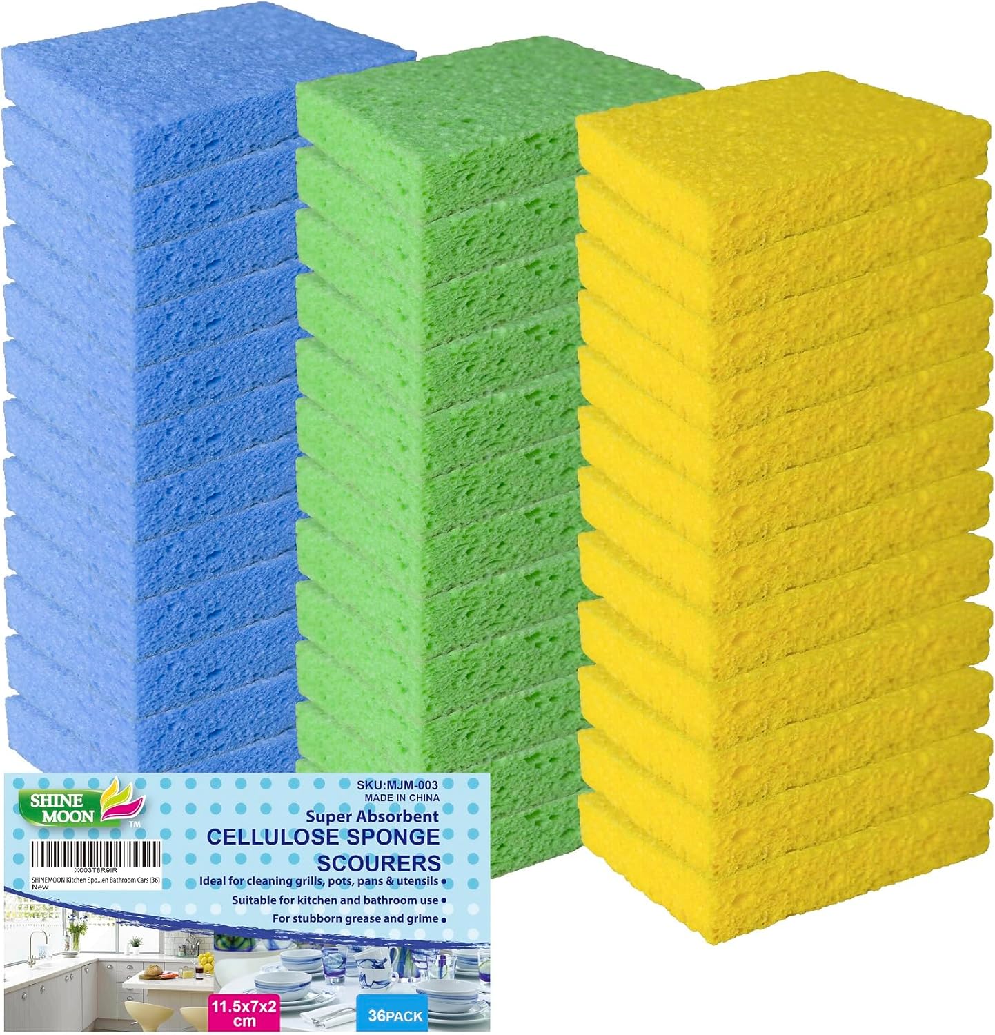 36 Pk Pop-Up Compressed Cellulose Sponges, Heavy Duty Scrub Kitchen Sponge, Clean Tough Messes Without Scratching Eco Friendly Reusable Compostable&Biodegradable 4.6x2.8x0.8Inch