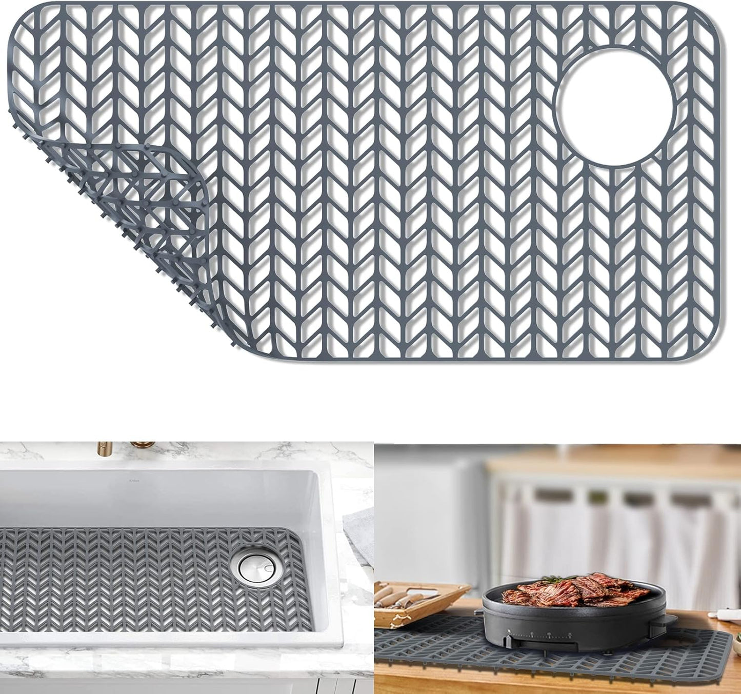 GUUKIN Sink Protectors for Kitchen Sink - 28.6"x 14.5" Silicone Kitchen Sink Mat Grid for Bottom of Farmhouse Stainless Steel Porcelain Sink with Right & Left Drain（Grey）, 2814R