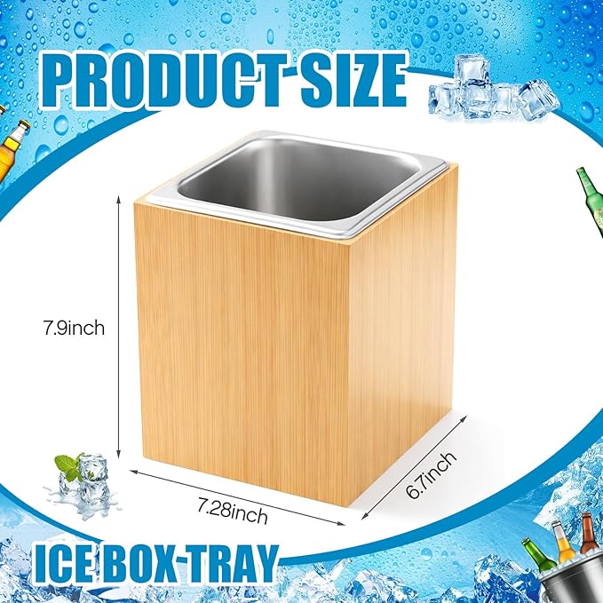 Ice Housing Bin with Removable Tray Ice Holder Container Wine Beer Champagne Drink Bucket Beverage Tub for Freezer Display Buffet Bar Counter Party Drink Chiller(Bamboo and Steel,7.9" X 7.7" X 7.23")