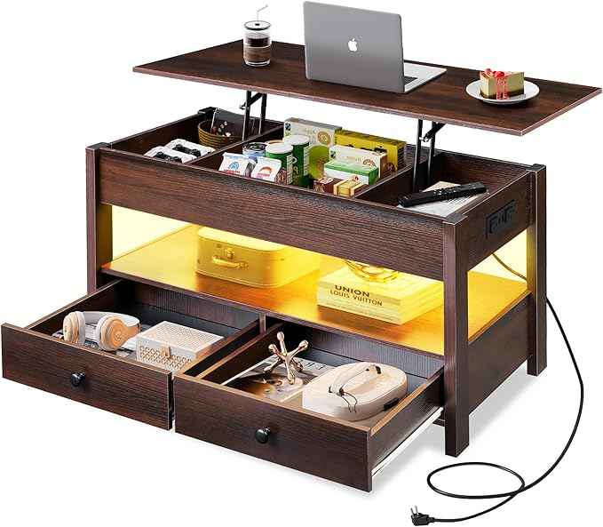 WLIVE Coffee Table, Lift Top Coffee Table with Drawers, LED Light, Large Storage and Open Shelf, Lift Tabletop for Living Room, Espresso