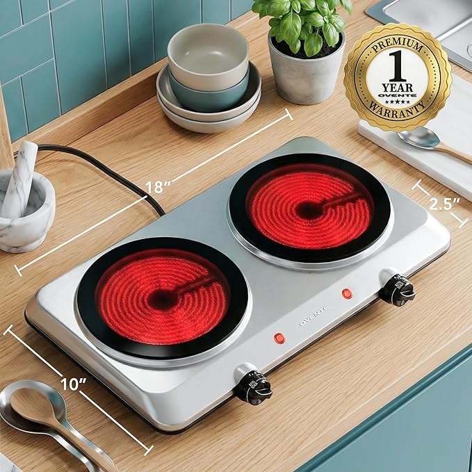OVENTE Countertop Infrared Double Burner, 1500W Electric Hot Plate and Portable Stove with 7.5” Ceramic Glass Cooktop, 6 Level Temperature Setting and Easy to Clean Base, Silver BGI202S