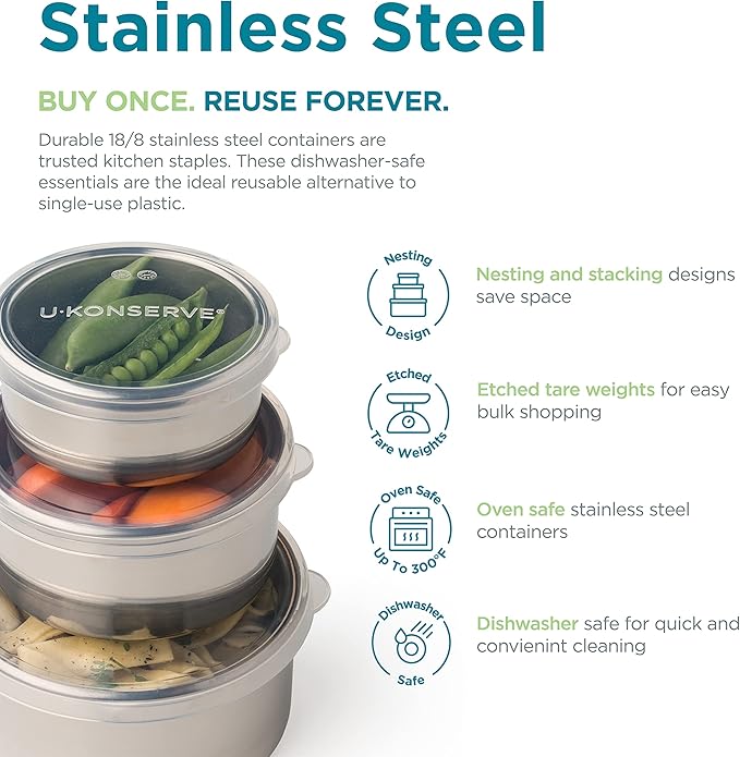 U Konserve Stainless Steel Round Food Storage Bento Box Container, Leak Proof Silicone Lid Dishwasher Safe - Plastic Free, 16oz