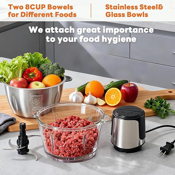 OLIXIS Electric Food Processor, 450W Meat Grinder & Vegetable Chopper with 2 Bowels for Home Use, Food Chopper with Double S-Blades for Vegetable, Onion, Garlic, Meat, Nuts, Black