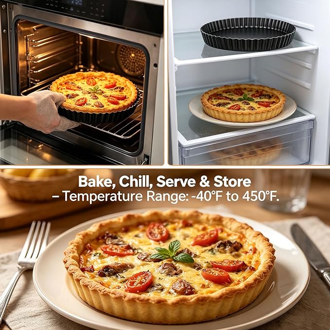 10 Inch Nonstick Tart Pan with Removable Bottom, Carbon Steel Quiche and Pie Pan- 1.1-Inch Depth, Fluted Edges for Baking Tarts, Quiches, Mousse Cakes, and Desserts