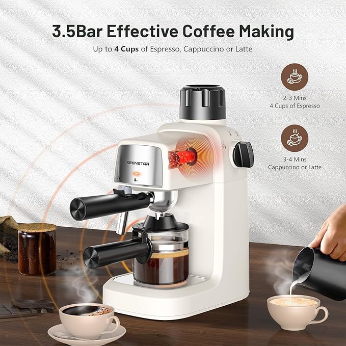 KEENSTAR 3.5Bar Espresso Machine with Milk Frother, 800W Compact Espresso and Cappuccino Machine with Preheating Function, 4 Cup Espresso Maker for Cappuccino or Latte, Gift for Coffee Lover Update