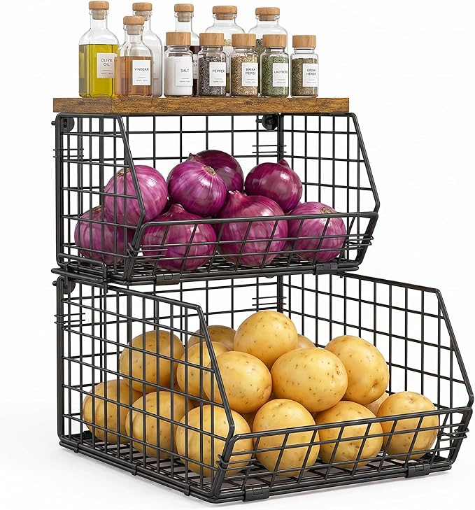 X-cosrack Stackable Wire Baskets for Counter, Fruit and Vegetable Storage, Potato and Onion Storage Bin，Kitchen Pantry Organizer - Wall Basket for Produce/Snack/Can, Large with Wood Top, Black