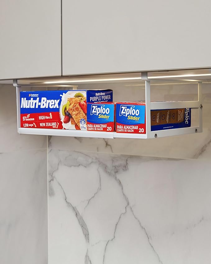 2Pack Under Shelf Storage Basket Organizer Expandable Width Add-On Space Saver Hanging Under Cabinet Pantry Kitchen Countertop Desktop Board Slide-in White Heavy-Duty Metal Higher Size