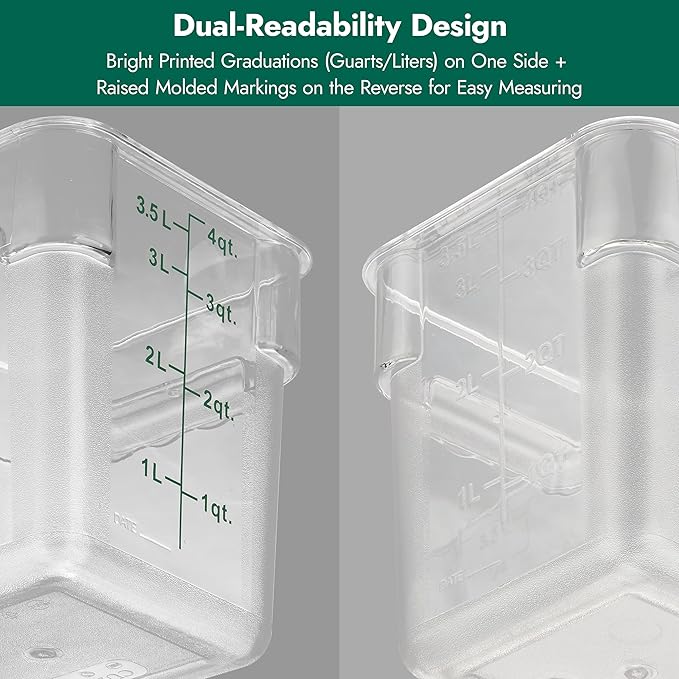 CURTA 4 Pack Food Storage Container with Green Lid - NSF Commercial Grade in 4.0 Qt - Square, Clear, Polycarbonate