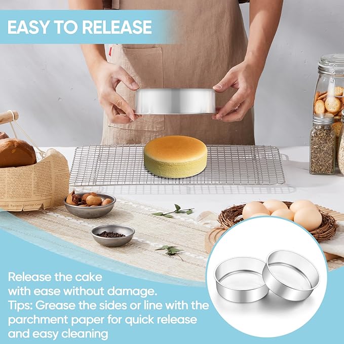 TeamFar 6 Inch Cake Pan, 2 Pcs Round Tier Cake Pan Set Stainless Steel for Baking Steaming Serving, Fit in Oven Pot Air Fryer, Healthy & Heavy Duty, Mirror Finish & Easy Clean, Dishwasher Safe
