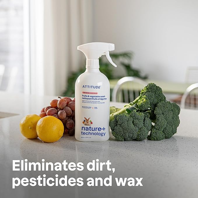 Bundle of ATTITUDE Fruit and Vegetable Wash, Removes Wax, Dirt and Impurities, Plant- and Mineral-Based, Vegan, Unscented, 27.1 Fl Oz + Bulk Refill, 67.6 Fl Oz