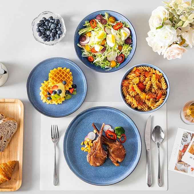 vancasso ANYA 24 Pieces Plates and Bowls Set, Blue Dinnerware Sets, Reactive Glaze Dishes Set for 6, Ceramic Dishware Sets Kitchen Dinner Set, Microwave & Dishwasher Safe