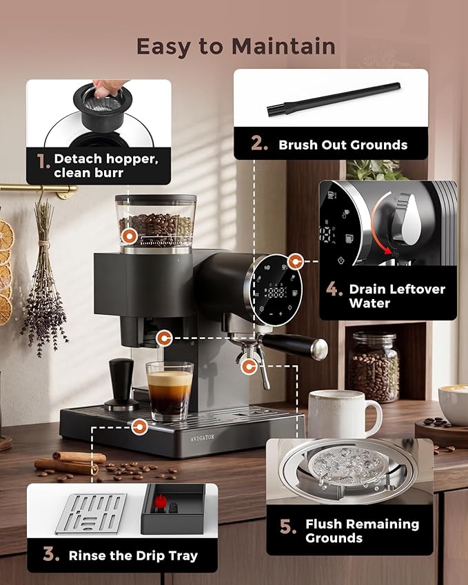 20 Bar Espresso Machine | LED Screen Touch Control | 6 Level Adjustable Grinder | Drip Coffee & Cold Brew, Milk Frother, Assisted Tamper & Built-In Accessory Storage Box | 50oz Tank