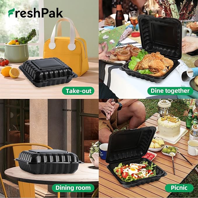 Takeout Containers Mineral Filled PP - 55 Pack 8x8 34 oz Shrink Wrap BPA Free Plastic | Stackable Meal Prep Clamshell Food Container | Reusable Microwave Safe Leftovers | Catering Lunch Box