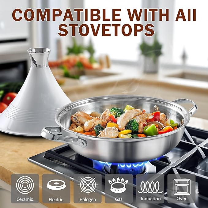 DM Tagine Pot, 11 Inch 3.6 Quart Moroccan Clay Tagine Pot Alternative, Multi-Ply Clad Stainless Steel, Traditional Cooking Pot with Die-Cast Aluminum White Conical Lid and Stainless Steel Knob