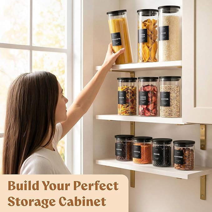 EDELHAUS Glass Storage Containers with Black Lids [Extra Thick Glas] with 54 Labels - Canister For Pantry Noodles Flour Cereal Rice Sugar Tea Coffee Beans - Round Set of 5x