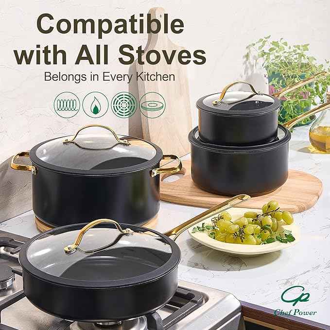 Chef Power Ceramic Cookware Sets, 15Pcs Pots and Pans Set Non Stick, Cookware Set with Stainless Steel Handle, Dishwasher & Oven Safe, Stone Black and Light Gold Handle