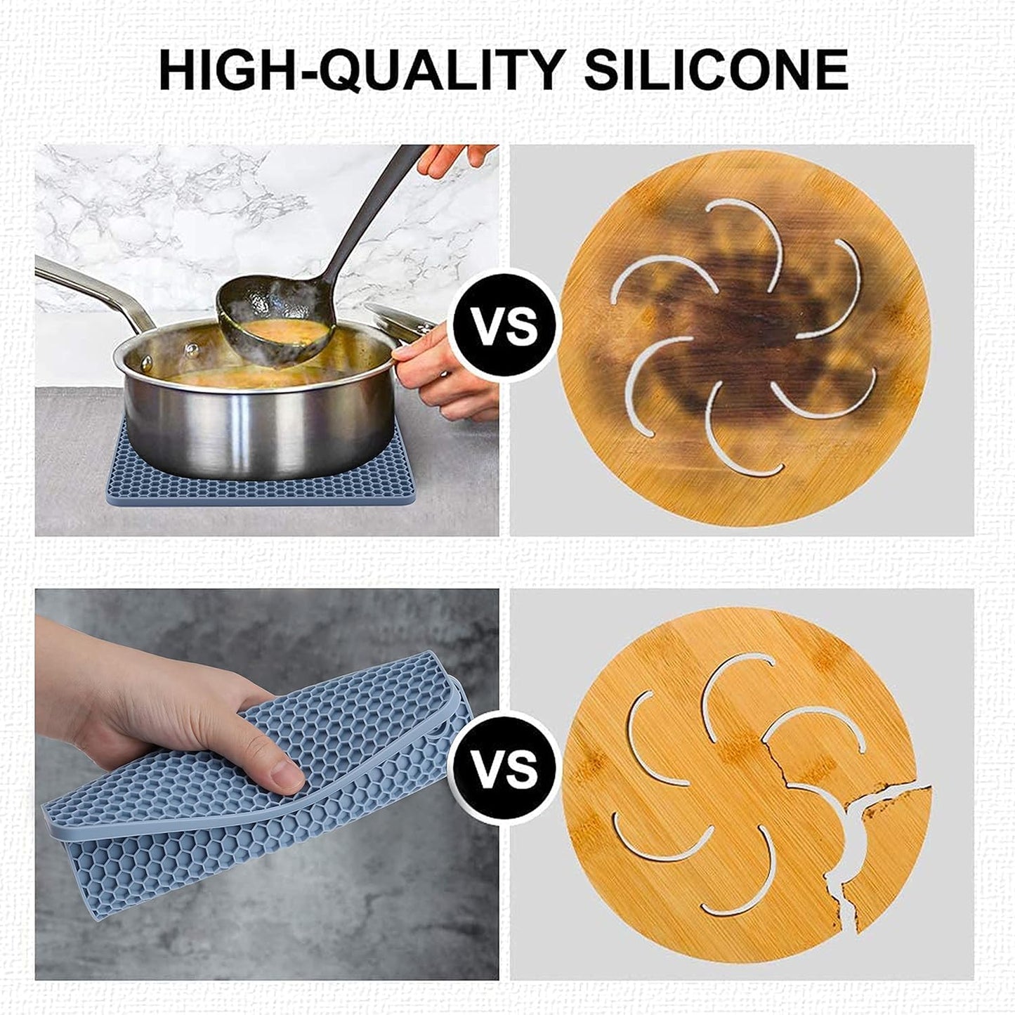 4 Pack Silicone Trivet Mat, Silicone Trivets for Hot Pots and Pans, Non-Slip & Heat Resistant Silicone Hot Pad for Kitchen Counter Mat Set, Soft Drying Mat, Jar Opener and Coasters, Square, Blue