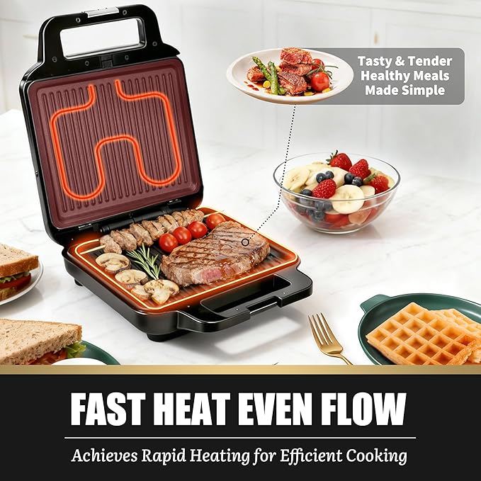 FineMade 3 in 1 Panini Grill Press with 3 Removable Plates, Breakfast Sandwich Maker, Electric Griddle Panini Press, Grilled Cheese Maker, Sandwichera Electrica, Belgian Waffle Maker