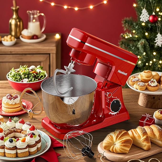 Stand Mixer, 10-Speed Kitchen Electric Mixer, 6QT Food Mixer with 8-in-1 Splash Guard, Dishwasher-Safe Dough Hook/Whisk/Beater/Spatula, Dough Mixers for Baking, Red