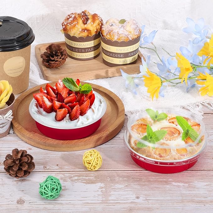 Beasea Disposable Mini Pie Tins with Lids, 20 Pack 4” 8oz Bright Red Aluminum Baking Foil Tins Small Round Tart Container for Individual Dessert Cupcake Muffin Cheesecake Ramekin Quiche Oven Dishes
