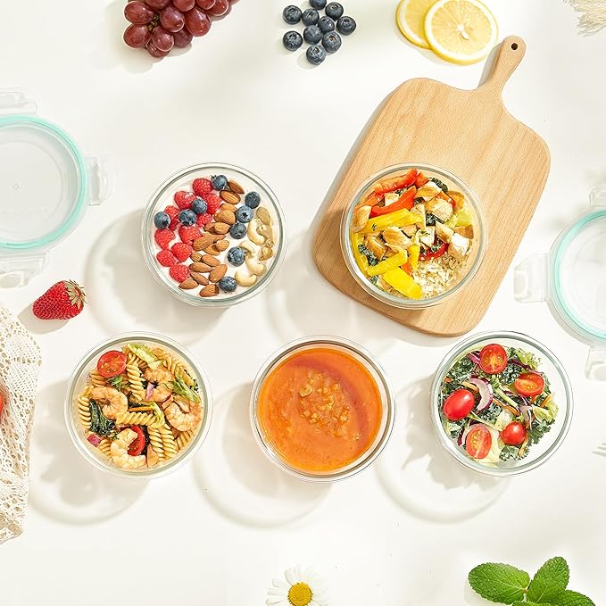 Vtopmart 5Pack 22oz Glass Storage Containers with Lids, Glass Meal Prep Food Container Sets with Snap Airtight Lids for Microwave, Oven, Freezer and Dishwasher, Green, Round