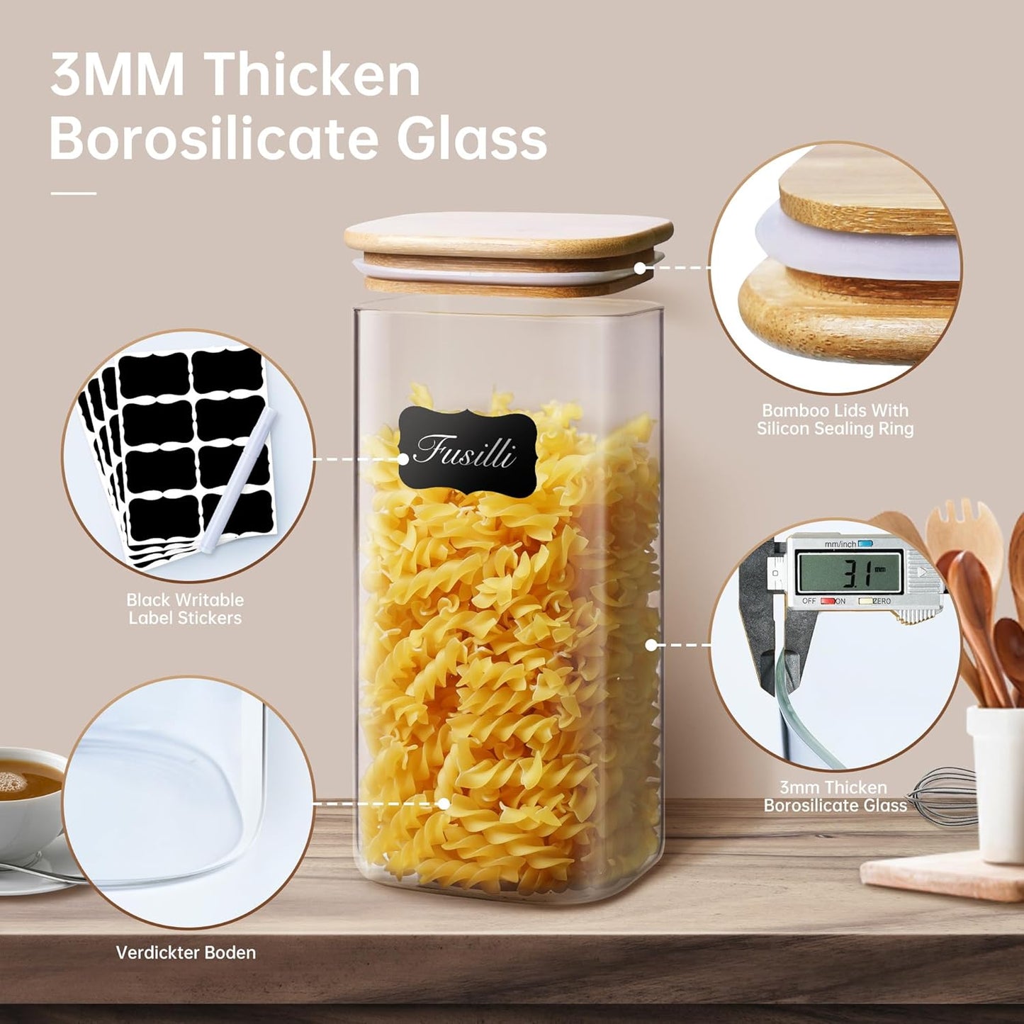 Extra Large Square Glass Flour & Sugar Storage Containers with Airtight Lids, 132oz & 63oz - 2 Pack Glass Jars with Bamboo Lids, Air tight Pantry Food Storage Containers for Cereal, Pasta, Rice