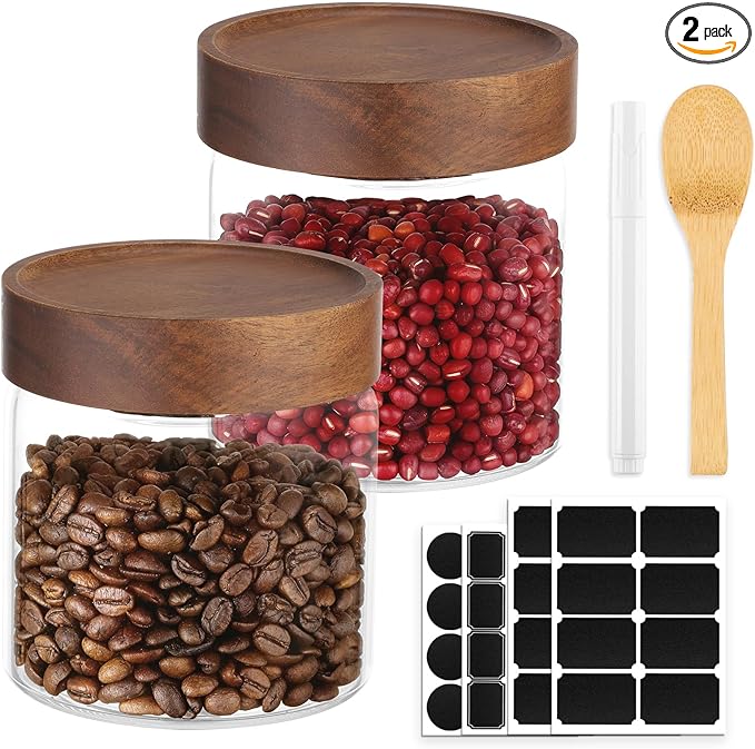 19oz Coffee Jars with Airtight Lid, 2 Pack Glass Mason Jars with Wood Lids Set, Srew Top Food Storage Containers for Sugar, Tea, Oats, Candy, Cookie, Bean - 3.9 x 3.9 inch Spice Bottle