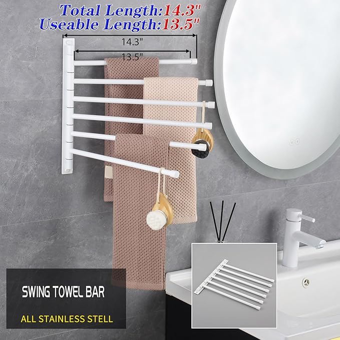 GERZWY Bathroom 6 Arms Swing Arm Towel Bars Wall Mount Bath Towel Rack Hanger Stainless Steel Towel Holder Organizer, White