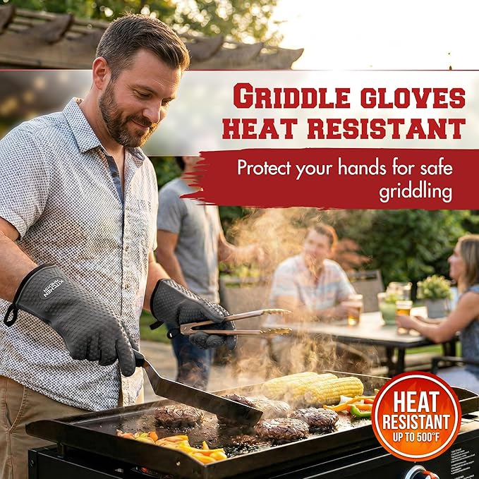 KITCHEN PERFECTION XL Silicone Oven & Griddle Gloves -Extreme Heat Resistant BBQ & Grilling Gloves -Handle Hot Food Right on Your Griddle |Waterproof Oven Mitts Grill Gloves |Superior Set+3 Bonuses